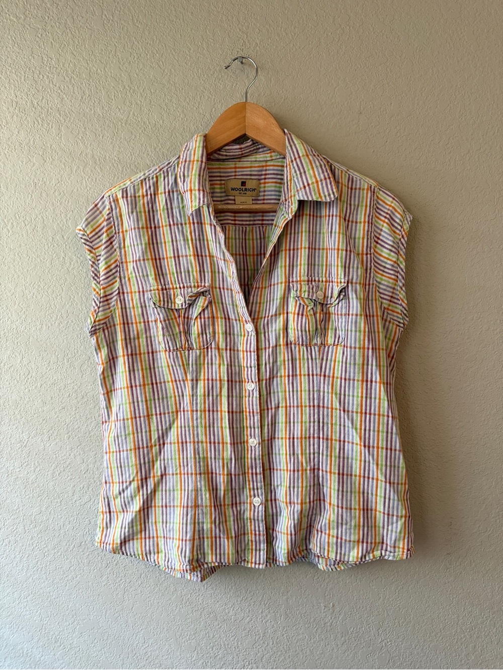 Woolrich Pastel Multicolor Plaid Cap-Sleeve Button Down Size Large